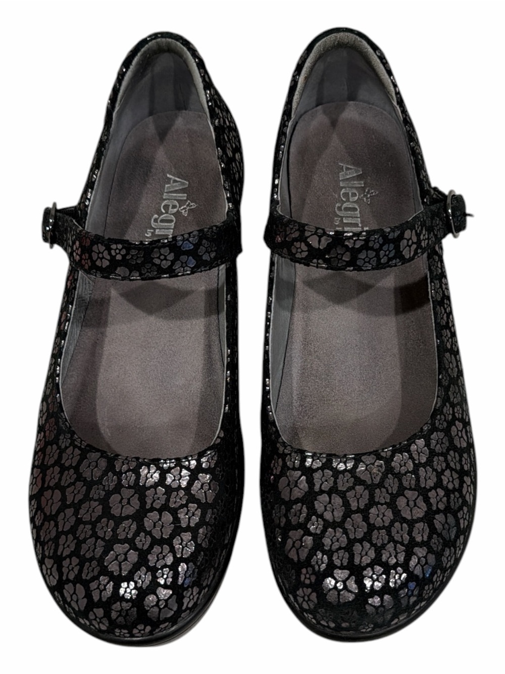Alegria Harper Mary Jane Shoes EU 40 Black Silver Floral Leather Comfort Heel - Picture 2 of 11